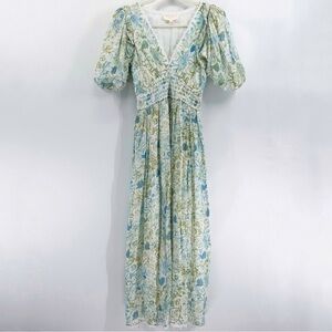 Rococo Sand Elan Blue Floral Metallic Short Puff Sleeve Midi Dress X-Small
